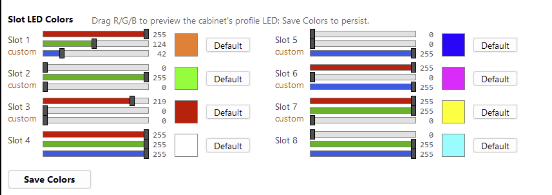 GUIConfigTool Profiles tab — Slot LED Colors section with per-slot R/G/B sliders